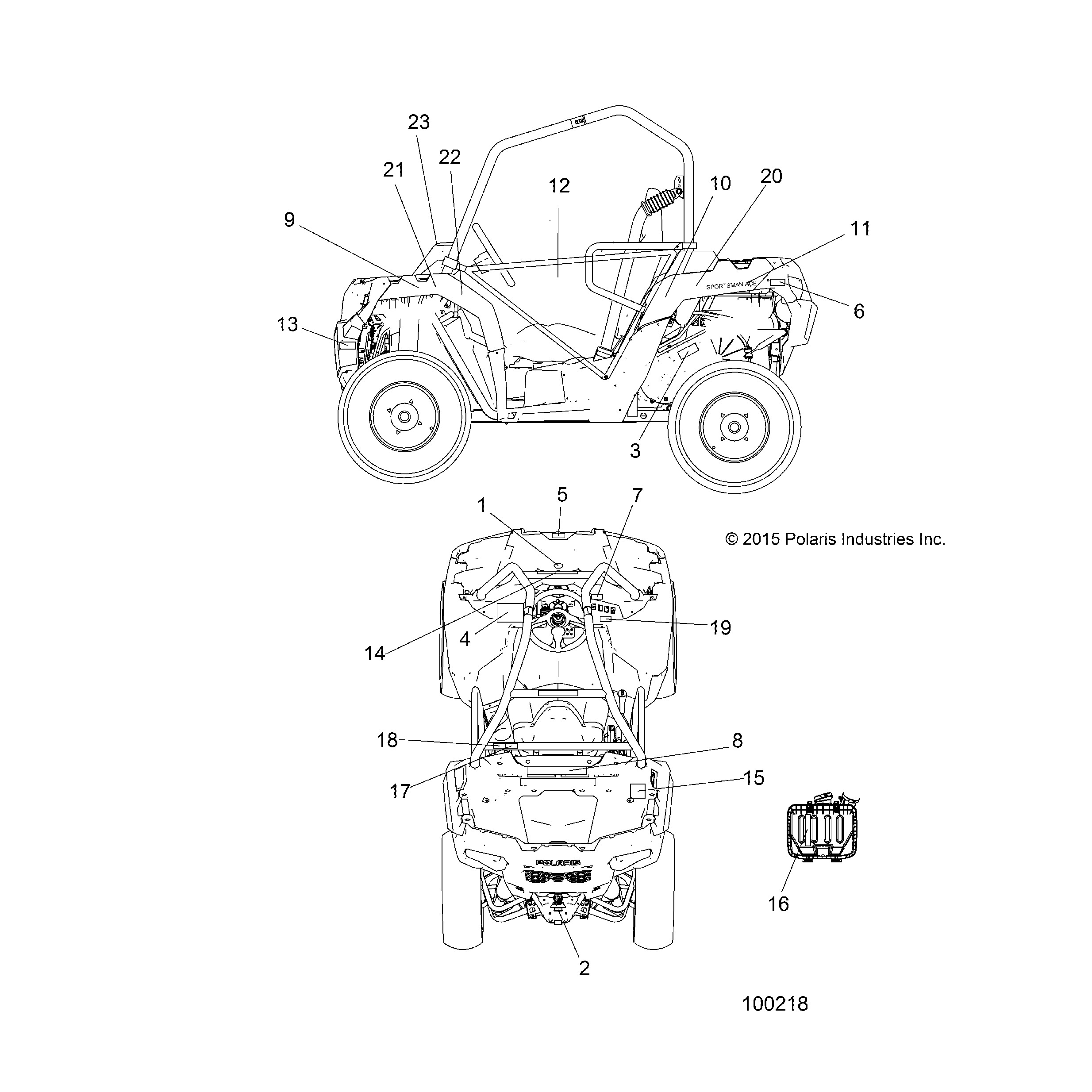 An Image of a Genuine Polaris Parts Schematic Diagram showing the schematic - BODY: DECALS - 2016 POLARIS ACE 900 EFI EPS
