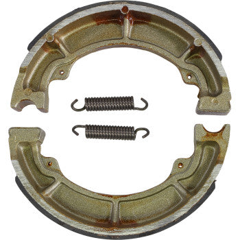 Kawasaki Brake Shoes by DP Brakes—metallic, semicircular shoes with dual coiled springs on a white background—ensure fade-free performance for high-tech brake pads.