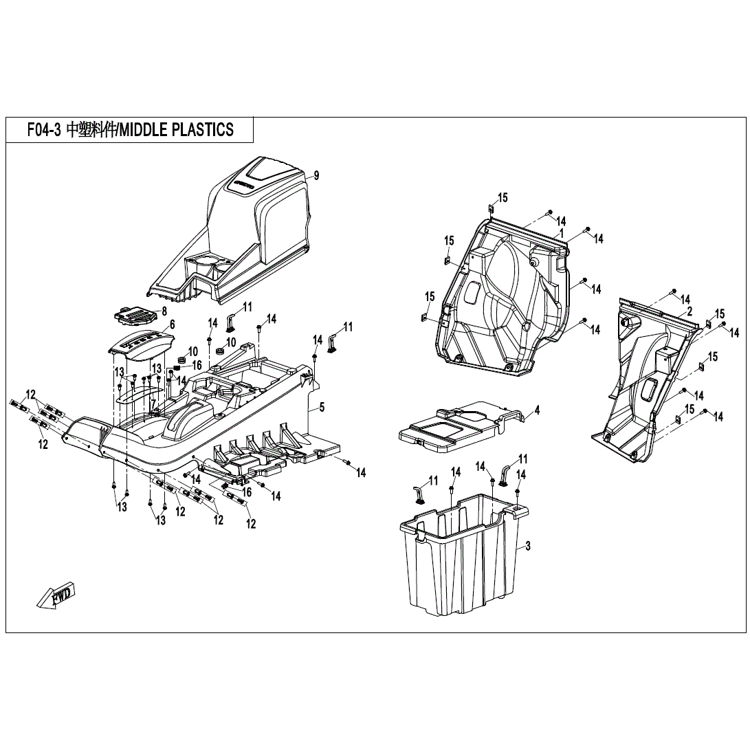 An Image of a Genuine CFMOTO Parts Schematic Diagram showing the schematic - MIDDLE PLASTICS - 2020 CFMOTO UFORCE 500