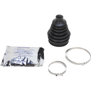 The Polaris Scrambler / Sportsman CV Boot Kit Front Inboard Outboard by Epi includes a black accordion-style rubber CV boot, silver grease packet, and two metal clamps, all displayed on a white background.
