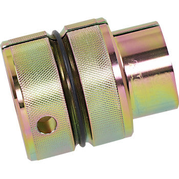 Metallic gold and silver split fork seal driver with knurled grip and rubber O-ring seal.