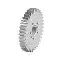 Silver metal crankshaft gear with evenly spaced teeth and central mounting holes.