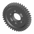 Gray metal gear with evenly spaced teeth and central circular hole with three elongated slots.