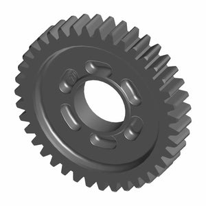 Gray metal gear with evenly spaced teeth and central circular hole with three elongated slots.
