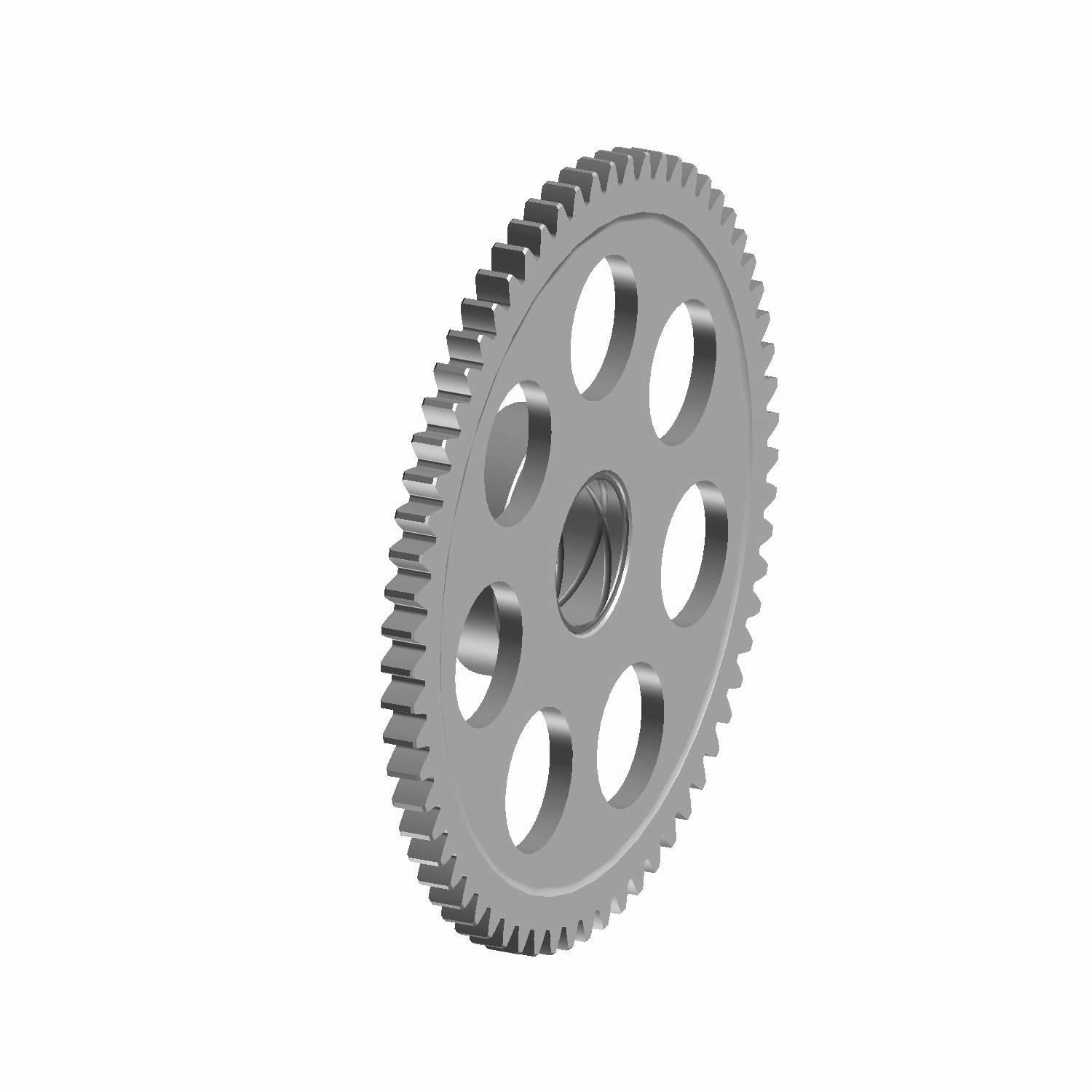 Silver metal one-way clutch freewheel gear with evenly spaced circular cutouts and outer teeth.