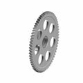 Silver metal one-way clutch freewheel gear with evenly spaced circular cutouts and outer teeth.