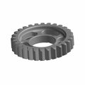 Gray metal gear with evenly spaced teeth and three curved cutouts around the center hole.