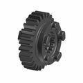 Black metal motorcycle gear with evenly spaced teeth and central splines for fitting.