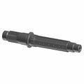 Black metal output shaft with splined ends and a ridged central section for motorcycle drivetrain use.