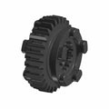 Black metal motorcycle output gear with large evenly spaced teeth and internal splines.