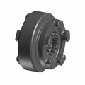 Matte black metal motorcycle part with gear teeth and protruding lugs on one side.