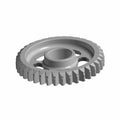 Gray metal gear with evenly spaced teeth and a central cylindrical hole designed for motorcycle transmission components.