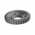 Gray metal circular gear with angled teeth and three round cutouts near the center.