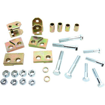 Assorted metal hardware parts, such as bolts, nuts, spacers, and mounting brackets for the High Lifter Lift Kit Front Back 2.00, shown on a white background for ATV lift kit or big wheel kit installations.
