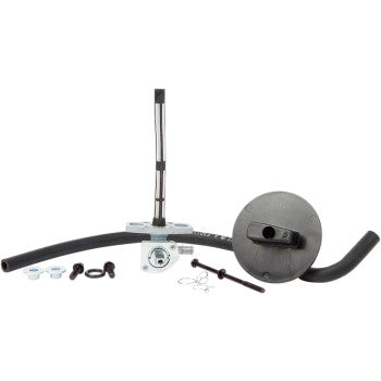 Metal Honda petcock fuel kit with black hoses, circular fuel cap, and small mounting hardware parts.