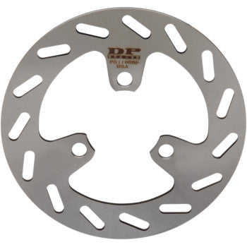 The Honda Front Right Rotor by Moose Offroad is a round, silver high-carbon stainless steel brake disc with several oval holes at the edge, two mounting holes, and "DP" plus text engraved on top for superior braking performance.