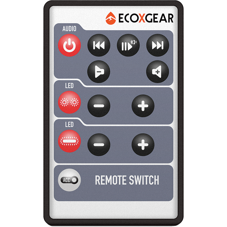 The Rf Remote Control by EcoXGear is a rectangular device featuring buttons for power, play, forward, back, volume, two LED modes, and an accessory function arranged in three sections.
