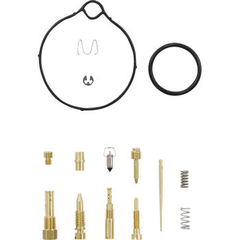 The Kawasaki Carburetor Repair Kit by Shindy includes float valves, jet needle sets, metal jets, springs, gaskets, and other small parts, all arranged neatly on a white background.