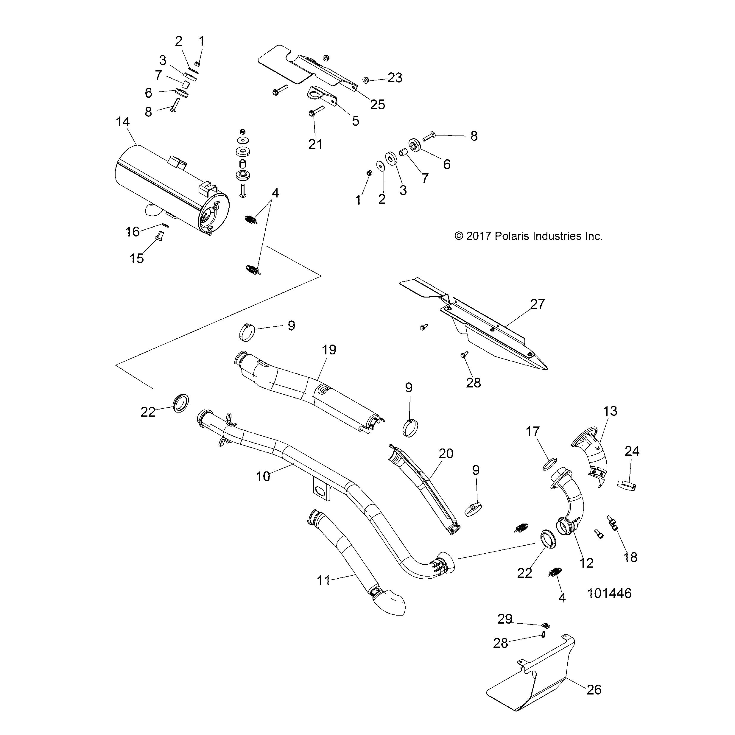 An Image of a Genuine Polaris Parts Schematic Diagram showing the schematic - ENGINE: EXHAUST - 2018 POLARIS SPORTSMAN 570 EFI UTE