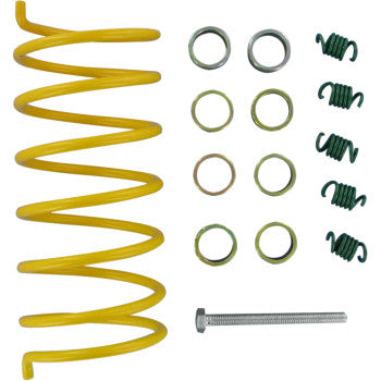 The Clutch Kit by Epi, featuring a yellow coil spring, small green springs, metal rings, and a long metal bolt—essential for optimal throttle response—is displayed on a white background.