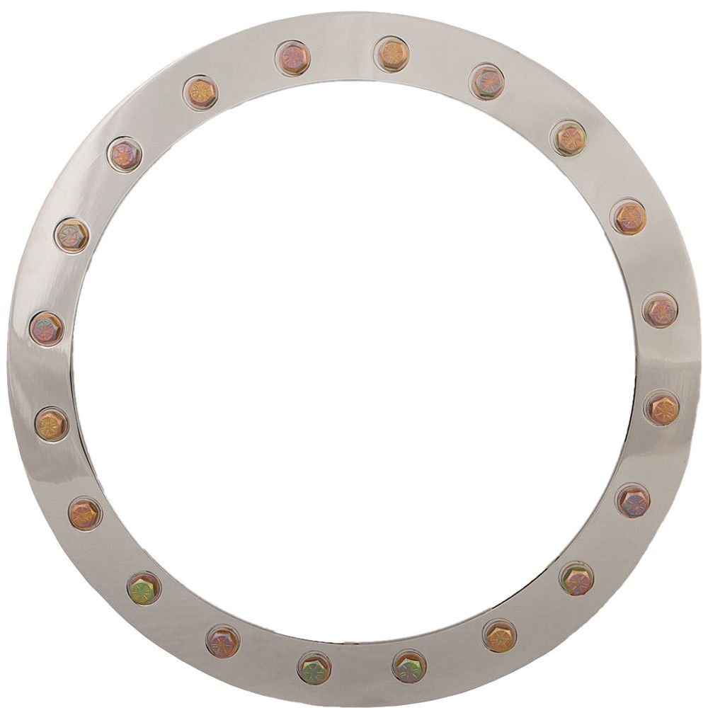 The ATV / UTV Beadlock Replacement Ring 15inch Polished Mamba by Raceline is a metallic circular frame with evenly spaced bolts, each featuring a small colored accent, set against a white background with an open center.