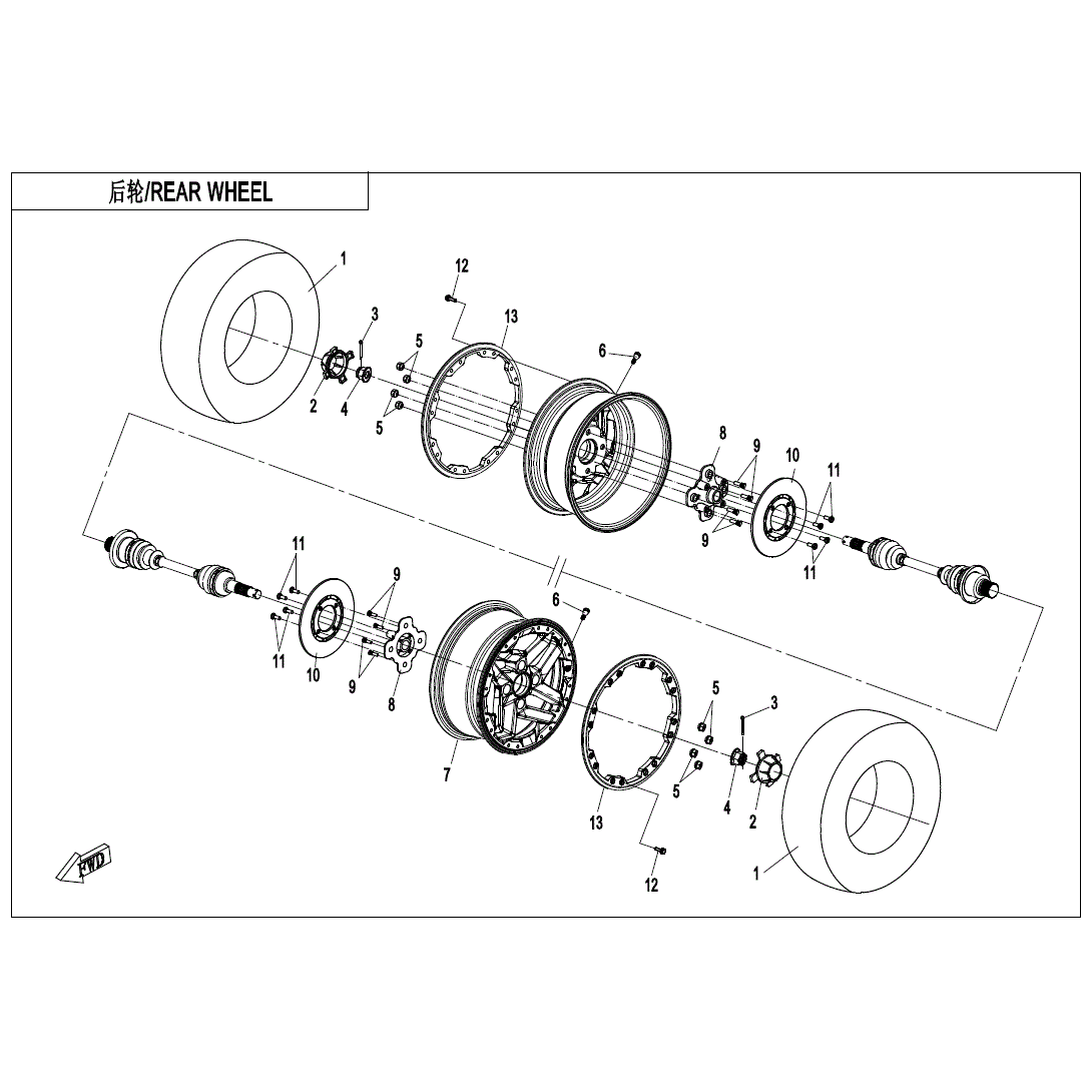 An Image of a genuine CFMOTO Parts Schematic Diagram showing the group - REAR WHEEL - 2025 CFMOTO CFORCE 1000 OVERLAND