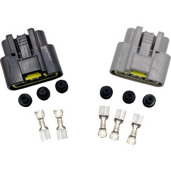 Two Wiring Harness Connectors by Ricks Motorsport Electric—one dark gray and one light gray—each includes three metal terminals and three black rubber seals; perfect for regulator/rectifier applications.