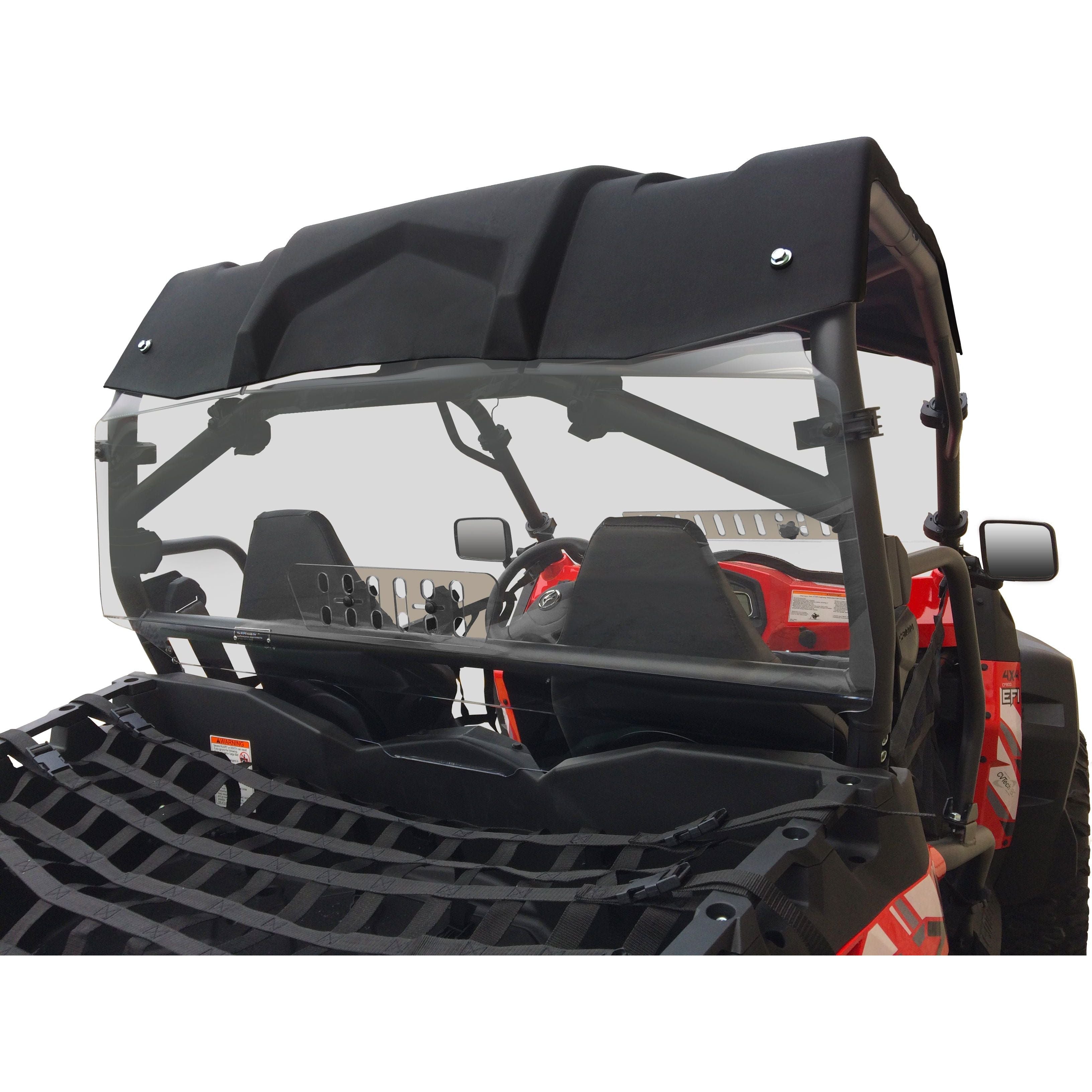 A close-up of a black and red CFMOTO Z-Force with a Spike Rear Windshield With Sliding Vent for protection and airflow, shown with a clear rear windshield, overhead roof, netted side doors, front seats, and steering wheel.