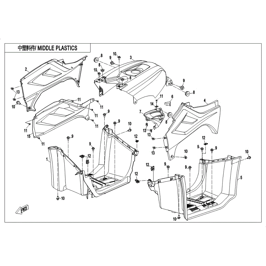 An Image of a genuine CFMOTO Parts Schematic Diagram showing the group - MIDDLE PLASTICS - 2019 CFMOTO CFORCE 400