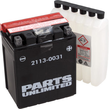 A black Parts Unlimited AGM Battery YTX14AHLBS .732 L is shown next to a clear plastic acid pack with warning labels.