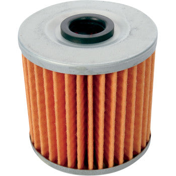 The Kawasaki Oil Filter by Twin Air features a cylindrical, pleated orange paper design with metal end caps and a central black rubber opening, providing maximum protection through high-quality filter material.