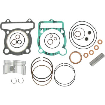 The Yamaha Piston Kit with Gaskets 83.50 mm by Wiseco includes a top-end gasket kit, piston rings, circlips, O-rings, washers, and a piston pin—all displayed on a white background.