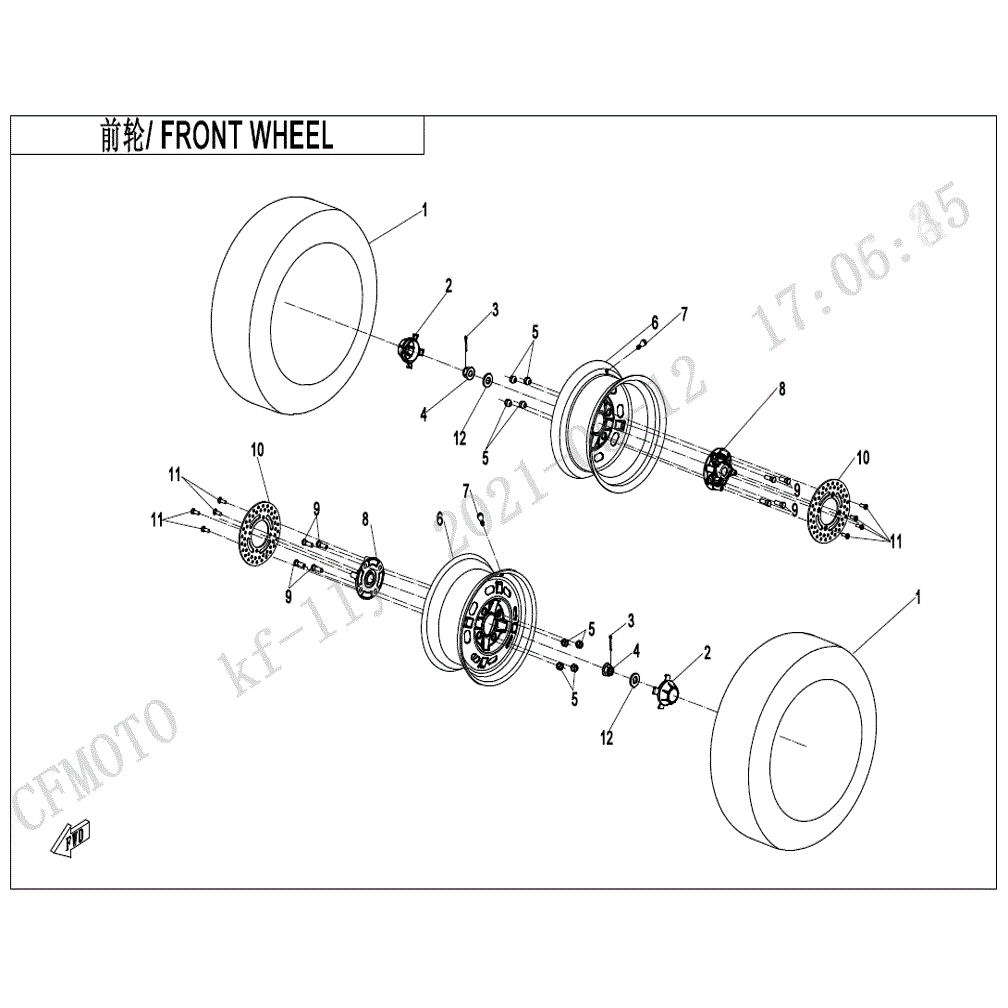 An Image of a Genuine CFMOTO Parts Schematic Diagram showing the schematic - FRONT WHEEL - 2022 CFMOTO UFORCE 600
