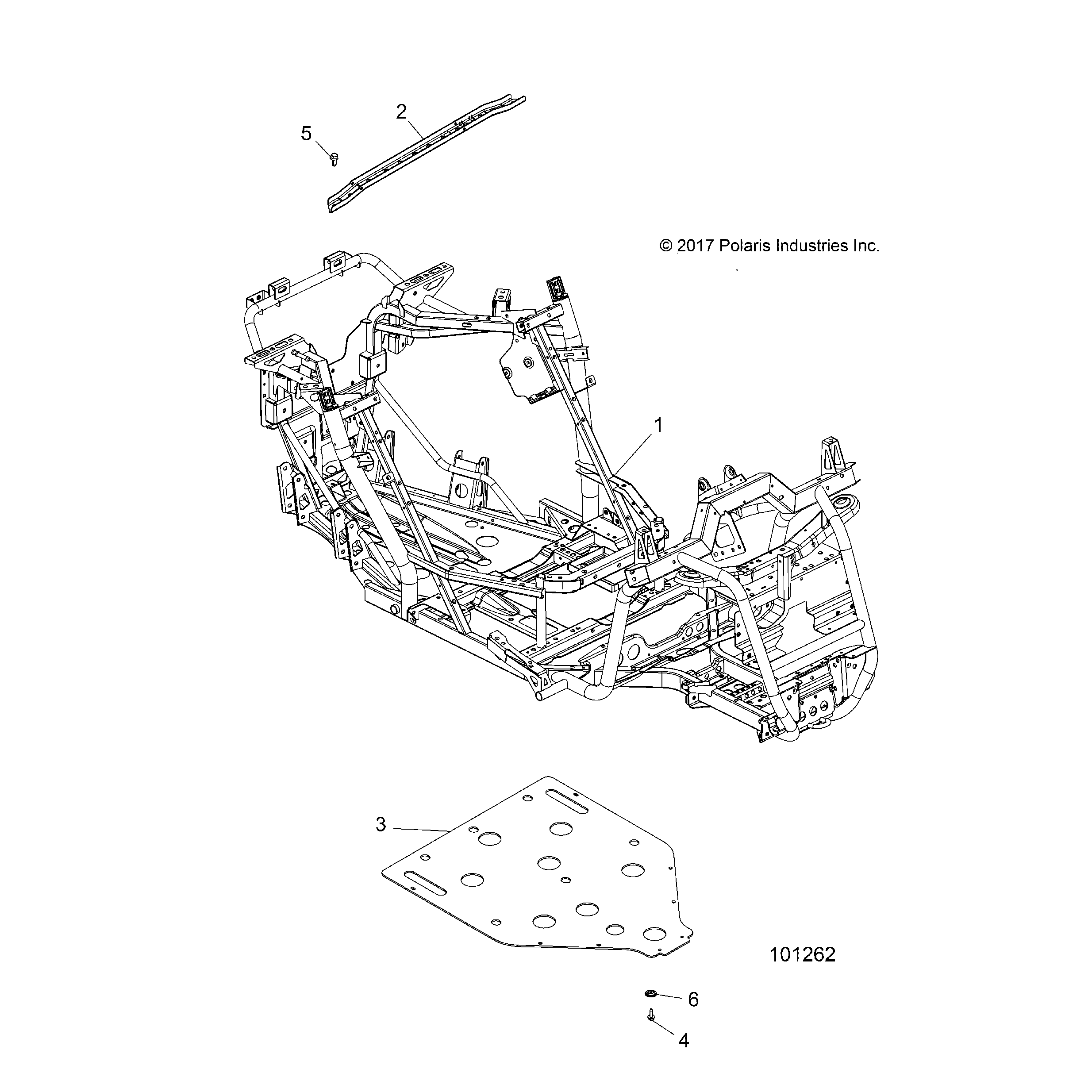 An Image of a Genuine Polaris Parts Schematic Diagram showing the schematic - CHASSIS: MAIN FRAME AND SKID PLATE - 2019 POLARIS ACE 500 SOHC