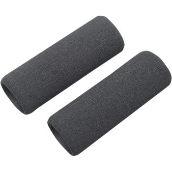 Two cylindrical dark gray Grip Covers 1-1/4" x 4 1/4" Long by Grab On are shown parallel on a white background. Soft, shock-absorbing foam makes them ideal as motorcycle grip covers or for other hand-held objects.