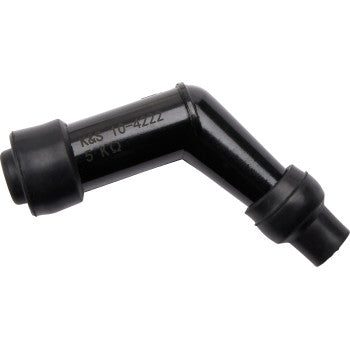 A black Spark Plug Resistor Cover 120° Elbow Type Short by Moose Offroad, featuring cylindrical connectors, ceramic resistor inside, and printed text along the side.