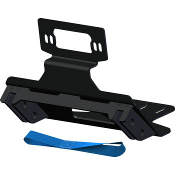 Black steel Polaris plow mount with rectangular mounting bracket and angled support arms, includes blue plastic scraper.