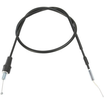 The Yamaha Black Vinyl Throttle Cable by Moose Offroad, with metal ends and a durable black PVC jacket, is coiled in a loose loop on a white background—perfect for motorcycle or off-road use.