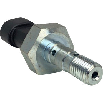 Metallic brake light pressure switch with hexagonal base and black plastic connector end.