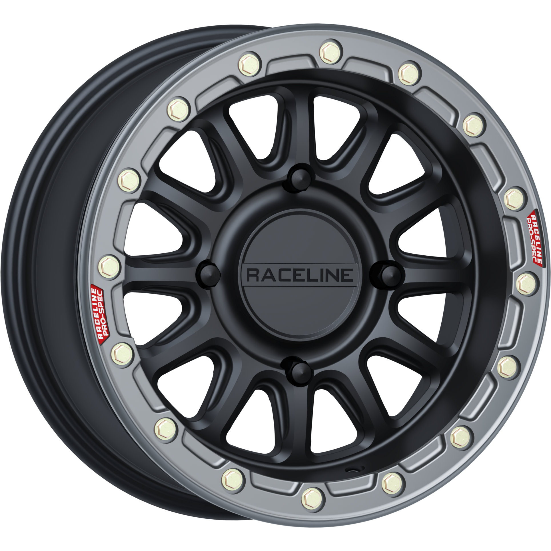 Black and gunmetal offroad ATV wheel with circular bolt accents and Raceline logo center cap.