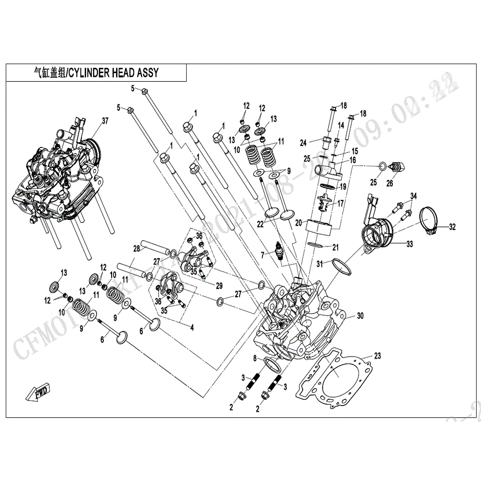 An Image of a genuine CFMOTO Parts Schematic Diagram showing the group - CYLINDER HEAD ASSY. - 2022 CFMOTO CFORCE 400