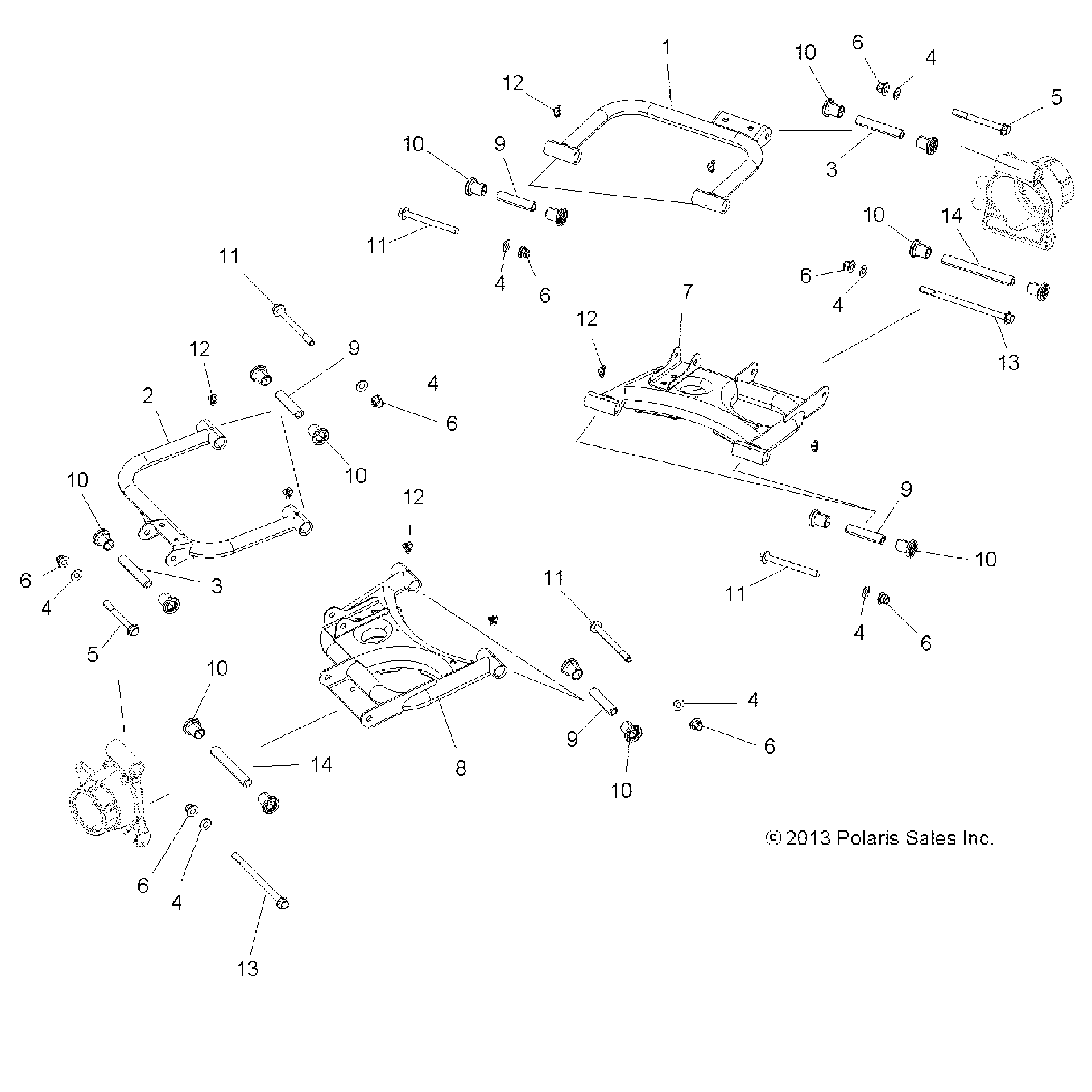 An Image of a Genuine Polaris Parts Schematic Diagram showing the schematic - SUSPENSION: REAR CONTROL ARMS - 2015 POLARIS SPORTSMAN ACE 570 EFI