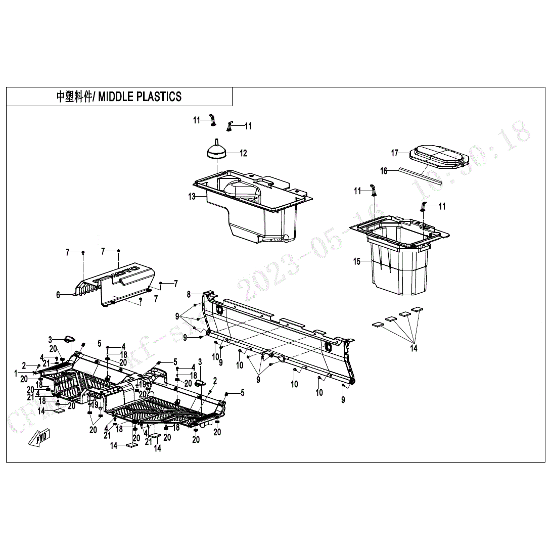 An Image of a Genuine CFMOTO Parts Schematic Diagram showing the schematic - MIDDLE PLASTICS - 2024 CFMOTO UFORCE 600