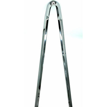 A pair of shiny, chrome tongs stands upright, tips touching to form an arch against a plain white background—evoking the sleek design of the 30 Squaretude Sissy Bar Stick in chrome by Cycle Visions.