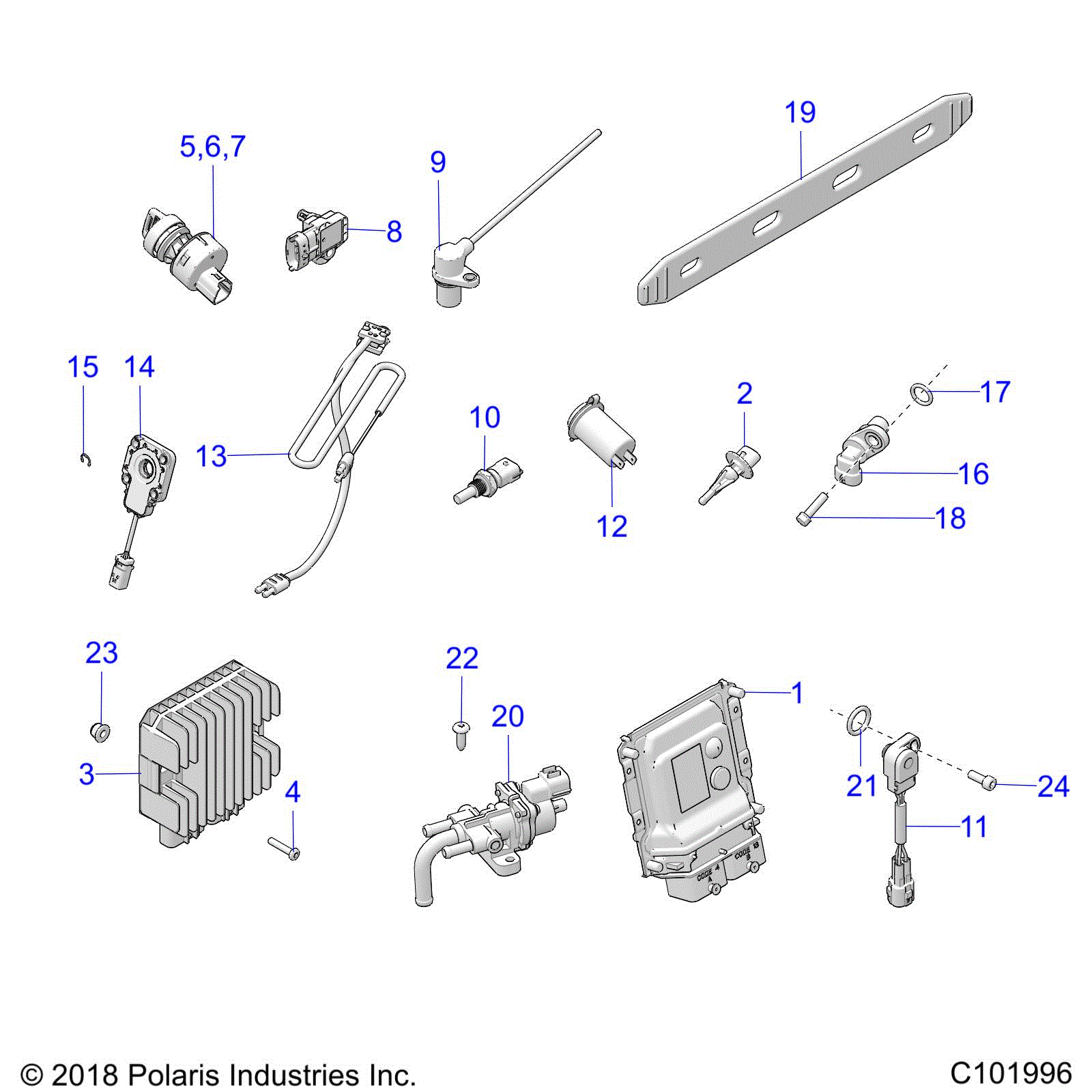An Image of a Genuine Polaris Parts Schematic Diagram showing the schematic - ELECTRICAL: SWITCHES SENSORS ECU and CONTROL MODULES - 2019 POLARIS SPORTSMAN 850 SP 48