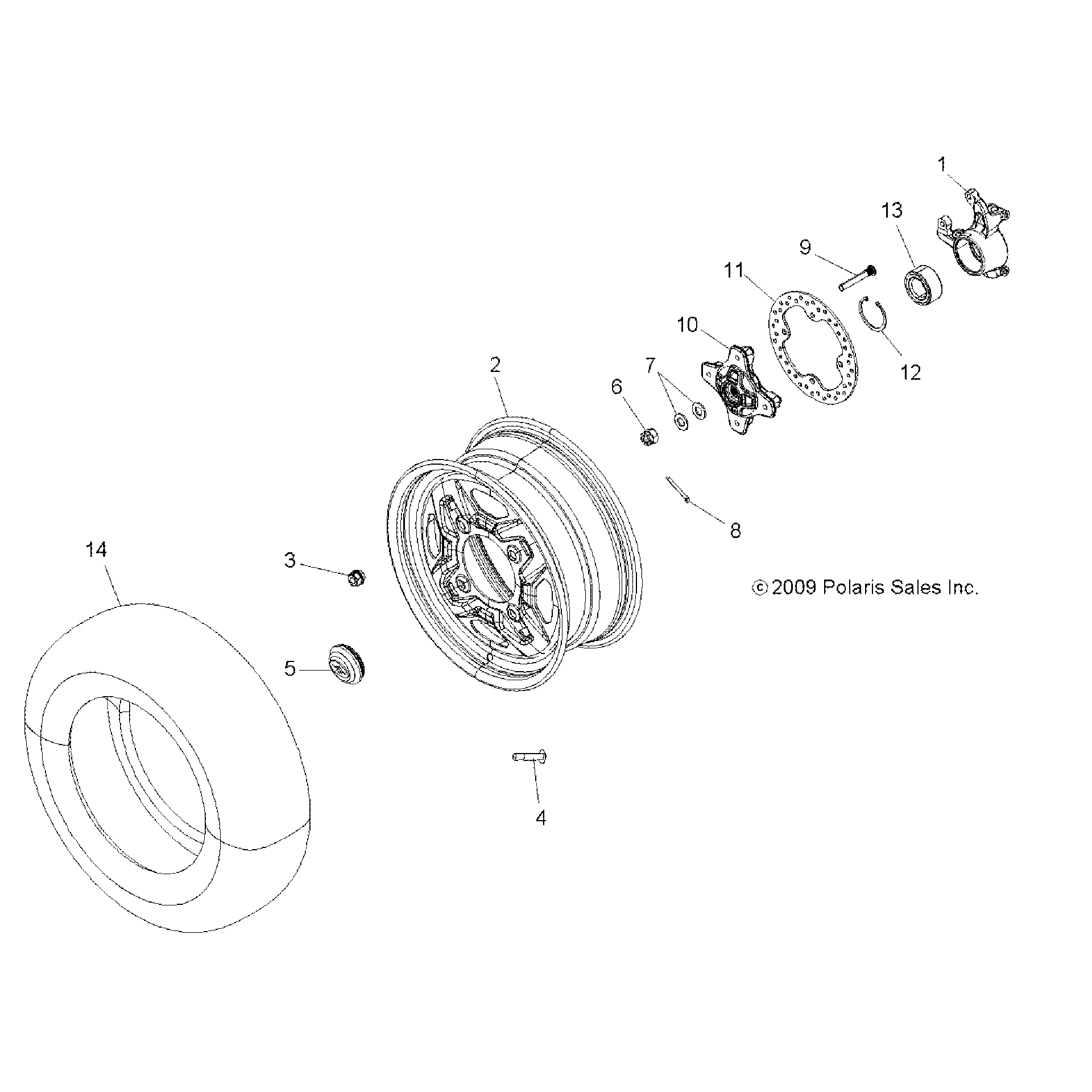 An Image of a Genuine Polaris Parts Schematic Diagram showing the schematic - WHEELS: FRONT and HUB - 2017 POLARIS SCRAMBLER 850