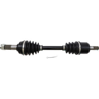 Black metal Honda TRX 420 front right axle kit with accordion-style rubber boots and metal shafts.