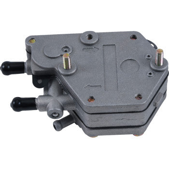 Polaris Vacuum Fuel Pump by All Balls features ethanol-resistant metal construction, multiple bolts, black hose connectors, and mounting points—perfect replacement vacuum-operated pump shown on a white background.