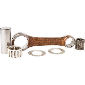 Copper-colored connecting rod with two silver needle bearings, a silver cylindrical pin, and two silver washers arranged on.