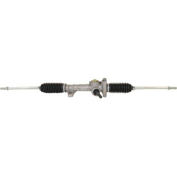 The Steering Rack by Moose Offroad features black rubber boots on each end, metal tie-rods, and inner tie-rod ends extending outward, all set against a white background.